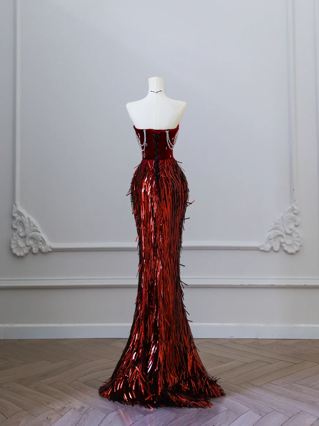 Wine Red Strapless Mermaid Tassel Beading Evening Party Dress Birthday Outfits, DP5151