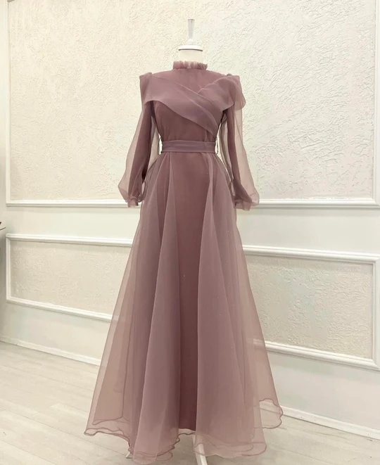 Robe de soirée trapèze en mousseline de soie violet poudré, manches longues, DP3688