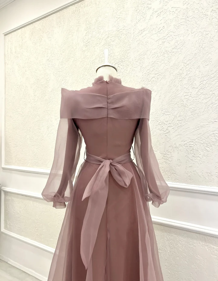 Robe de soirée trapèze en mousseline de soie violet poudré, manches longues, DP3688