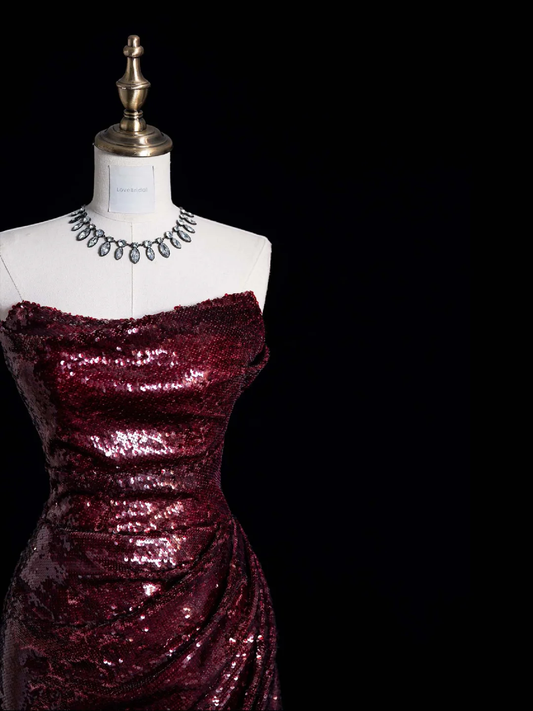 Sexy Burgundy Strapless Sequins Sheath Evening Party Dress Birthday Outfits, DP5257