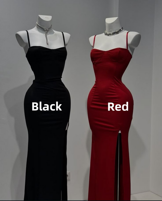 Black Spaghetti Straps Mermaid Split Satin Long Evening Party Dresses, DP5451