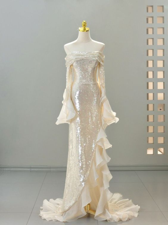 Robe de soirée longue sirène à paillettes champagne brillant, épaules dénudées, DP2801