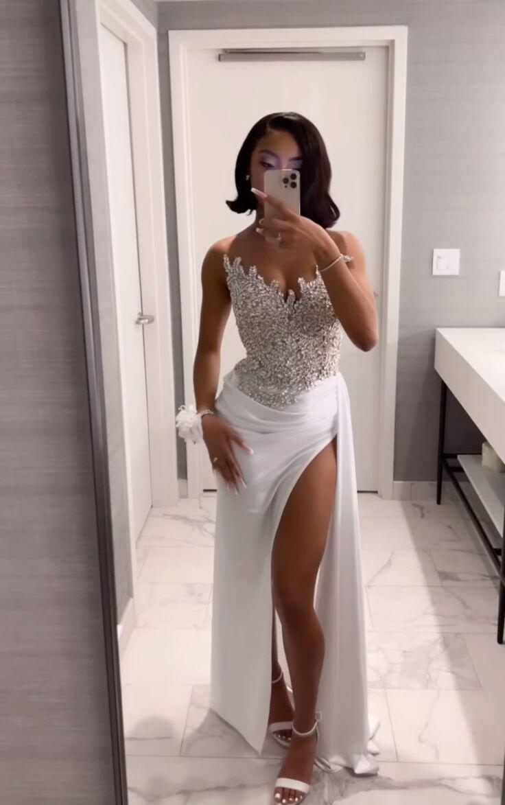 Robe de soirée longue blanche bustier à perles, DP3371