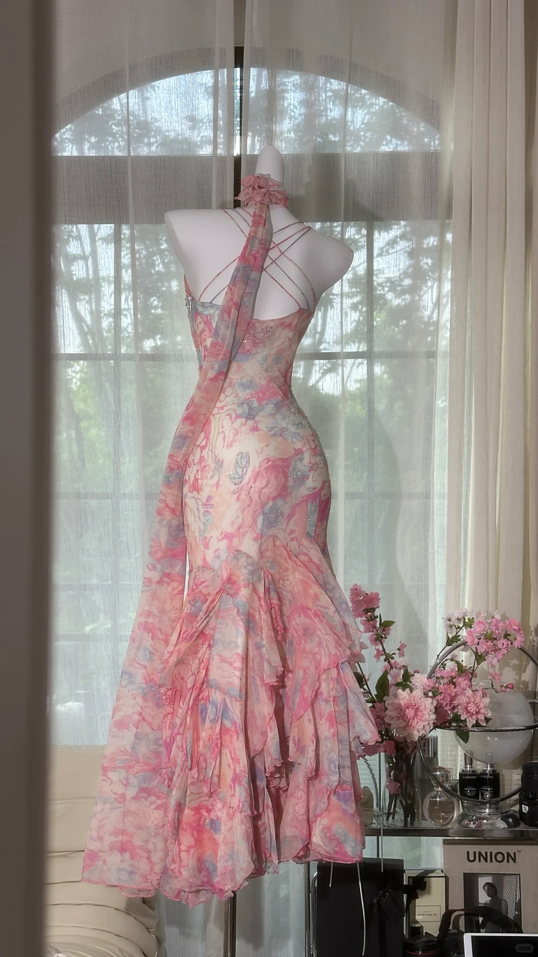 Gorgeous Pink Floral Seuqin Mermaid Chiffon Long Prom Dress Evening Dress DP6362