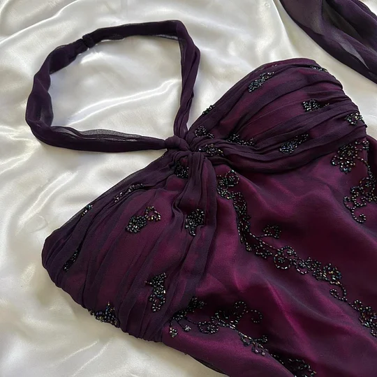 Vintage Dark Purple Halter Beading Ruffle Charming Party Dress, DP2277