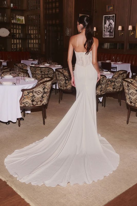 Vintage Ivory Strapless Lace Mermaid Satin Long Train Wedding Dress DP8423
