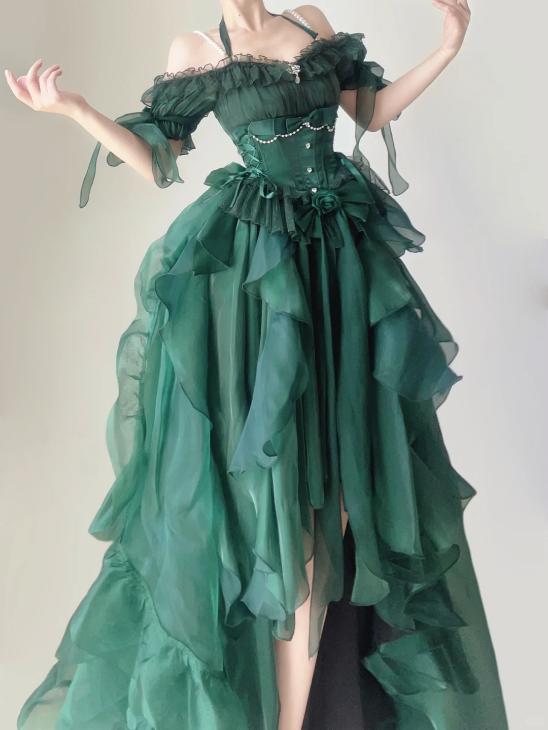 Green Off Shoulder A-Line Chiffon Long Party Dress Pretty Birthday Outfits, DP5380
