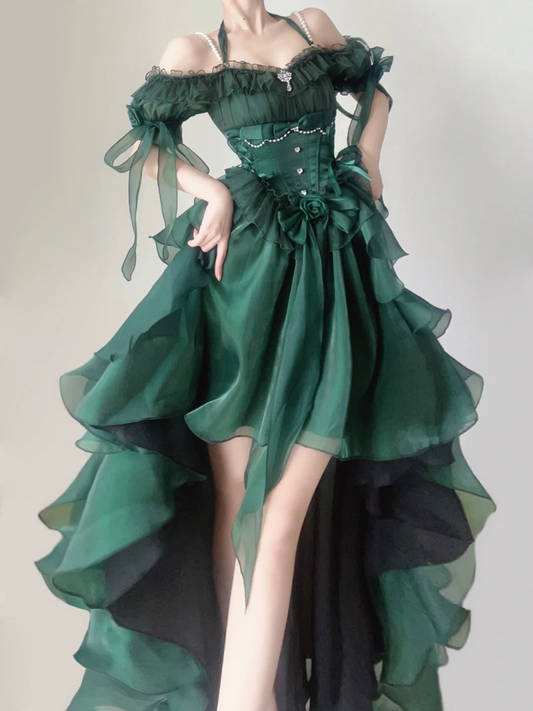 Green Off Shoulder A-Line Chiffon Long Party Dress Pretty Birthday Outfits, DP5380