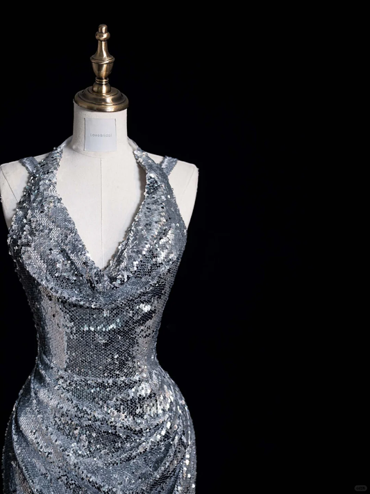 Silver Straps Halter Sequins Memaid Long Evening Party Dress Birthday Outfits, DP5258