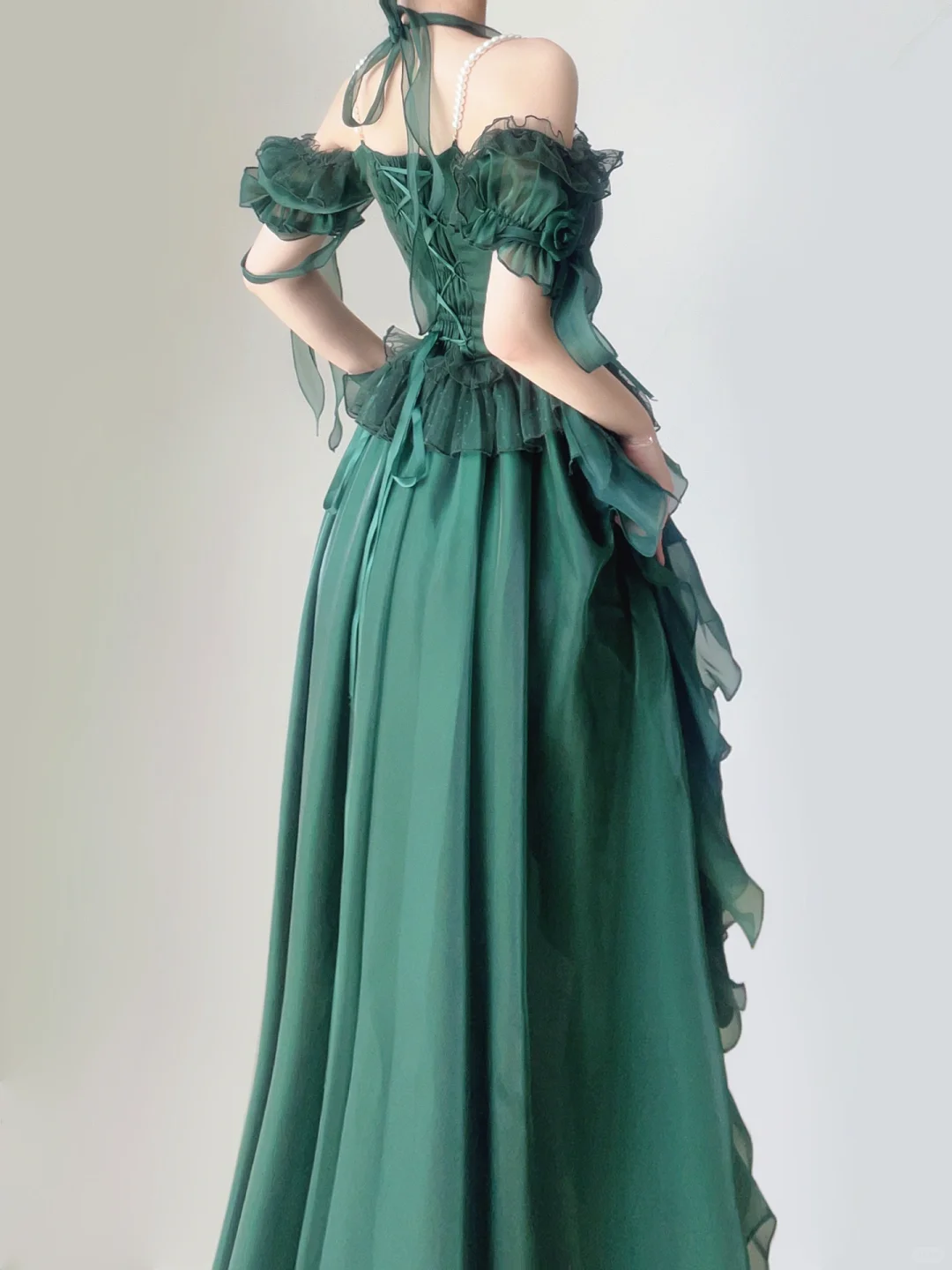Green Off Shoulder A-Line Chiffon Long Party Dress Pretty Birthday Outfits, DP5380