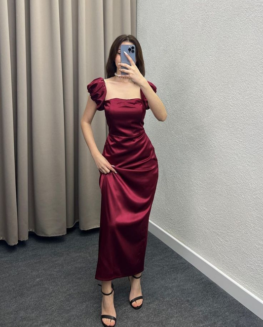 Elegant Satin Square Neck Evening Gown Puff Sleeve Ruched Sheath Wedding Guest Dress DP3762
