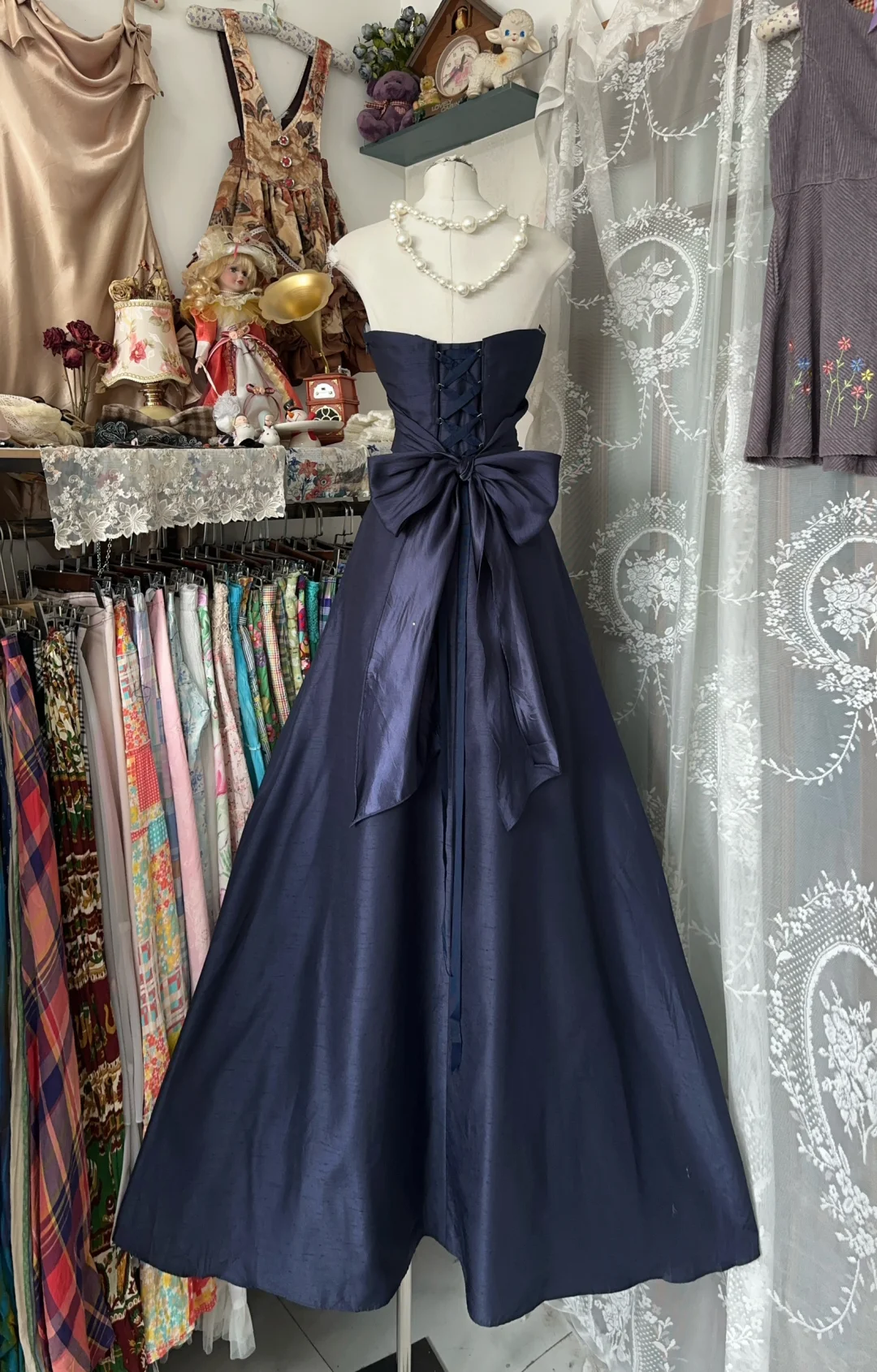 Elegant Navy Blue Bowknot Strapless A-Line Long Prom Dress Evening Dress DP6385