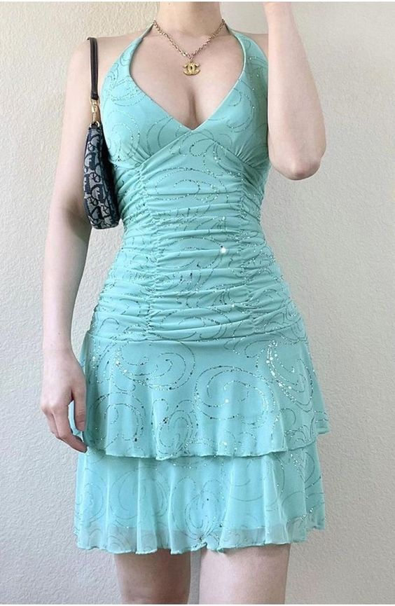 Robe de soirée courte vintage brillante bleue à col en V et dos nu, DP2515