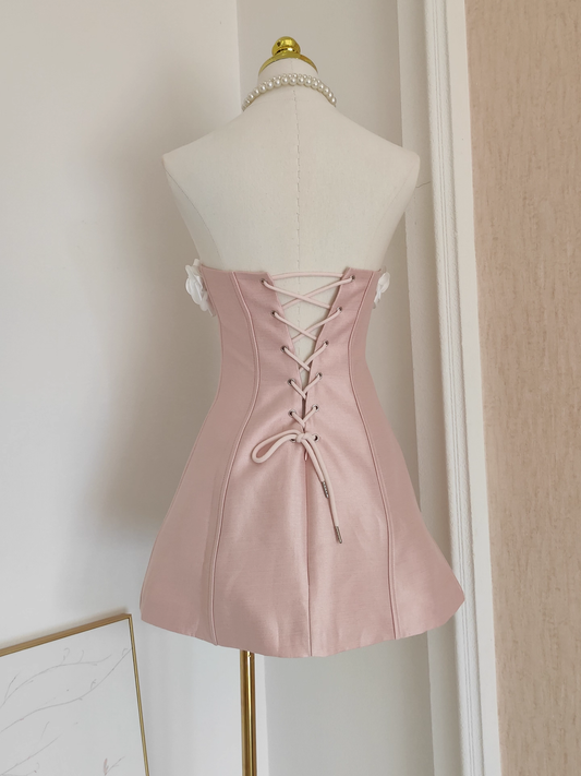 Vintage 3D Flowers Strapless A-Line Lace-up Satin Homecoming Dress Party Dress Short Cocktail Dress DP6808