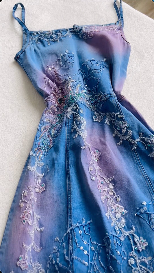 Vintage Blue Denim Sequin Applique Prom Dress A-Line Spaghetti Strap Evening Dress Long Formal Dress DP6670