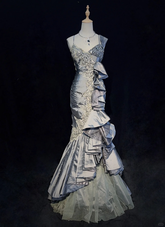 Grey Straps Mermaid Satin Beading Vintage Long Evening Party Dress, DP4887