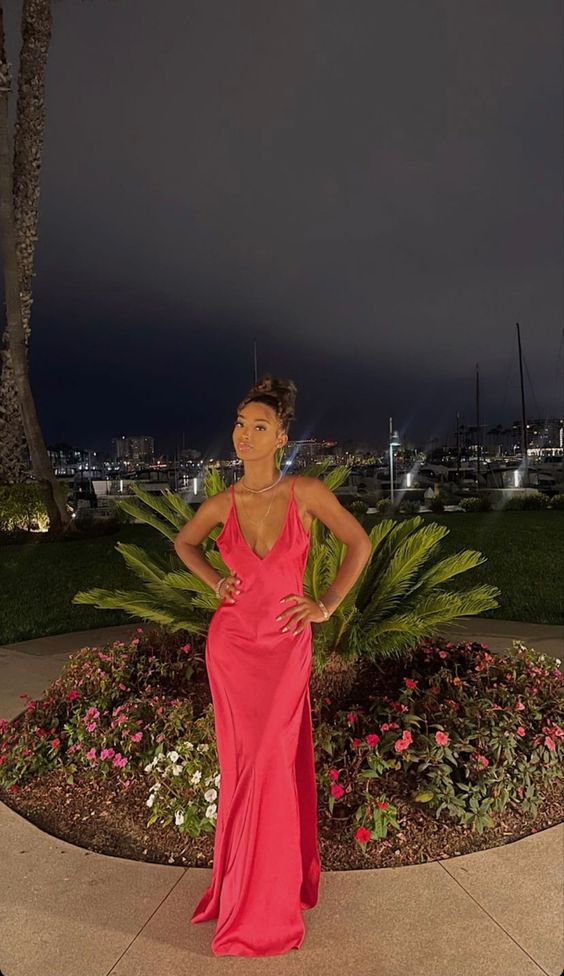 Hot Pink V Neck Spaghetti Straps Long Party Dress Wedding Guest Dress, DP3763