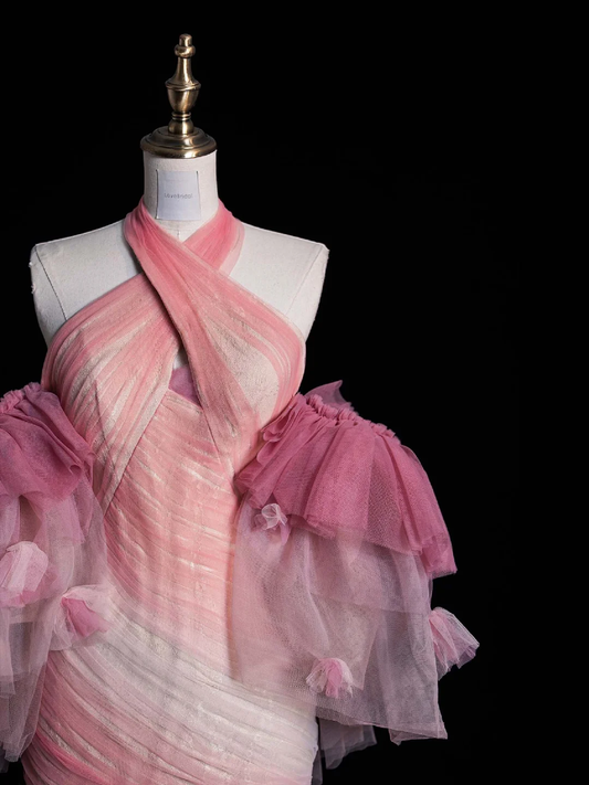 Pink Ombre Halter Memaid Tulle Long Evening Party Dress Birthday Outfits, DP5259