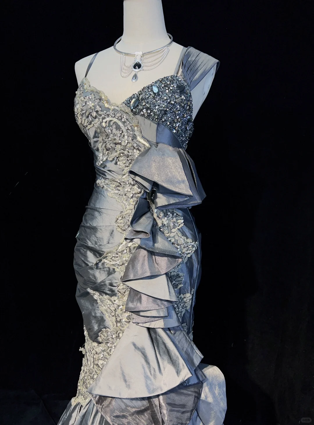 Grey Straps Mermaid Satin Beading Vintage Long Evening Party Dress, DP4887
