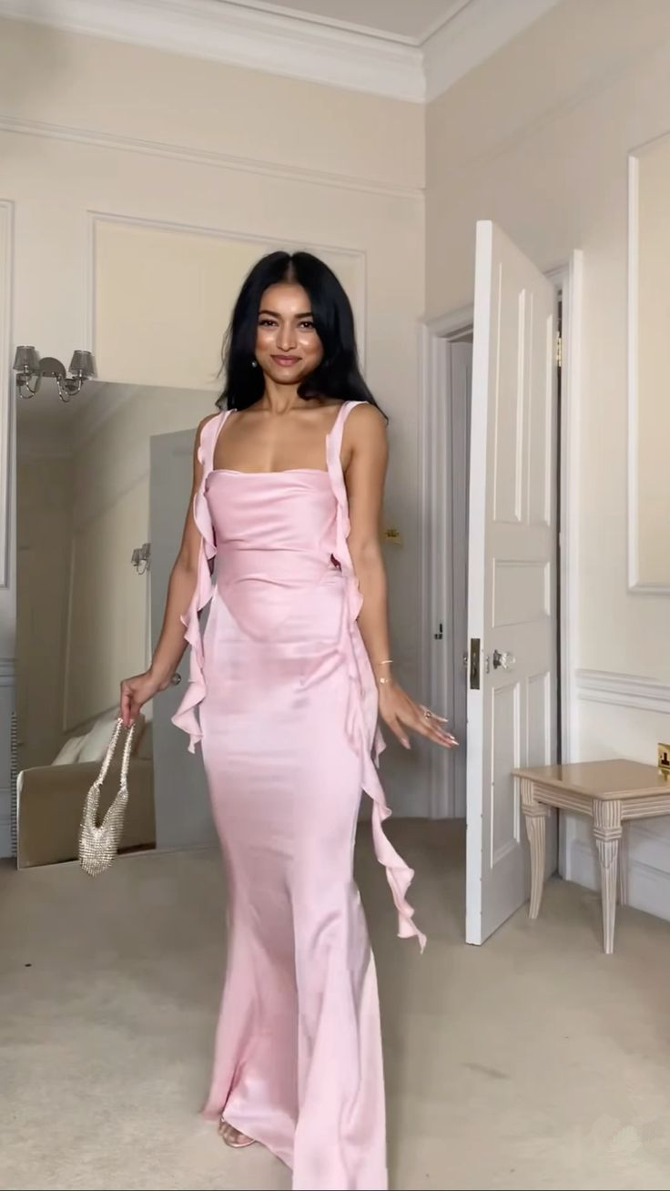 Light Pink Straps Satin Mermaid Long Party Dress Birthday Outfits DP3868