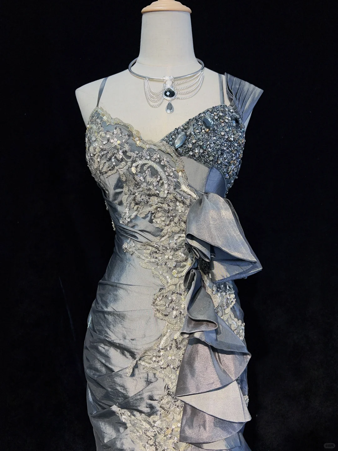 Grey Straps Mermaid Satin Beading Vintage Long Evening Party Dress, DP4887