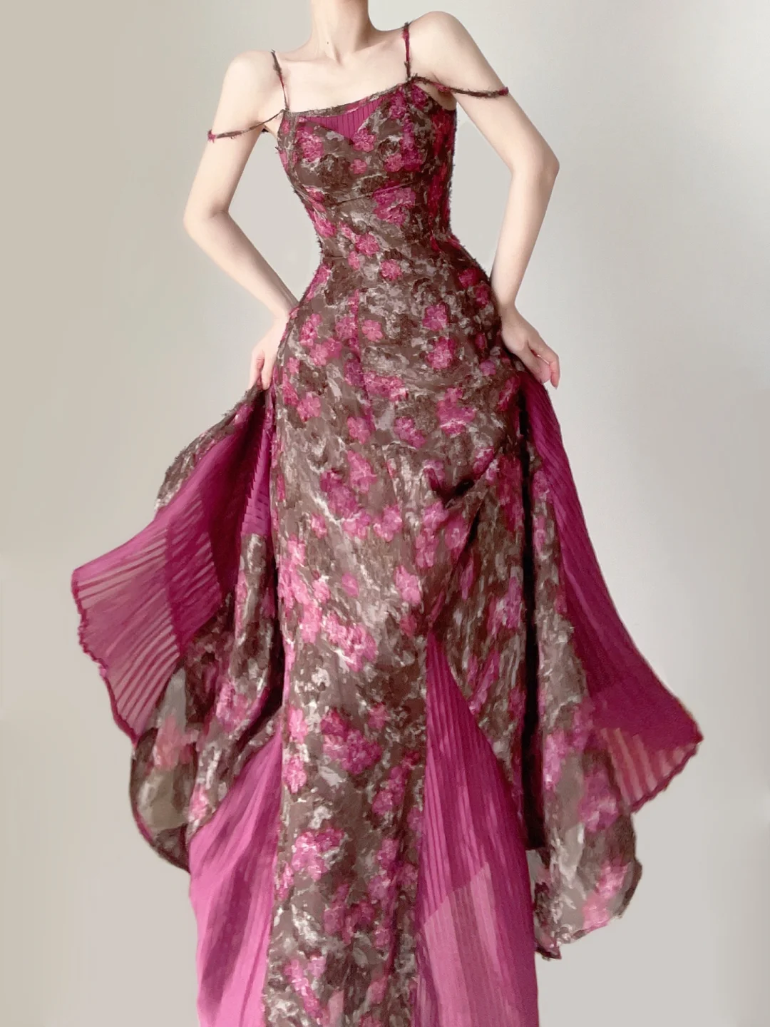 Robe de soirée longue fuchsia à bretelles spaghetti et motif floral style sirène, jolie robe d'été, DP5381