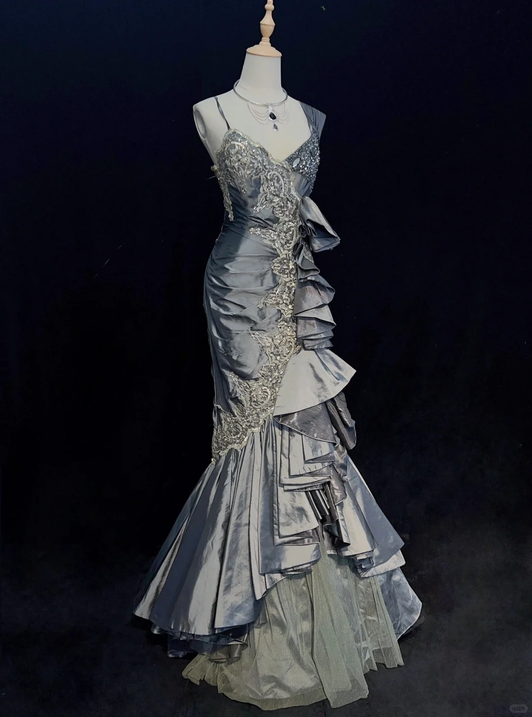 Grey Straps Mermaid Satin Beading Vintage Long Evening Party Dress, DP4887