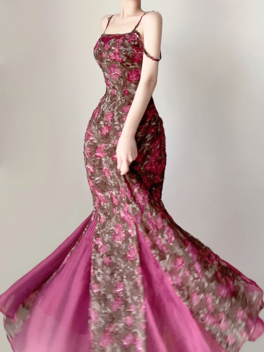 Fuchsia Spaghettiträger Meerjungfrau Blumen Langes Partykleid Hübsches Sommerkleid, DP5381