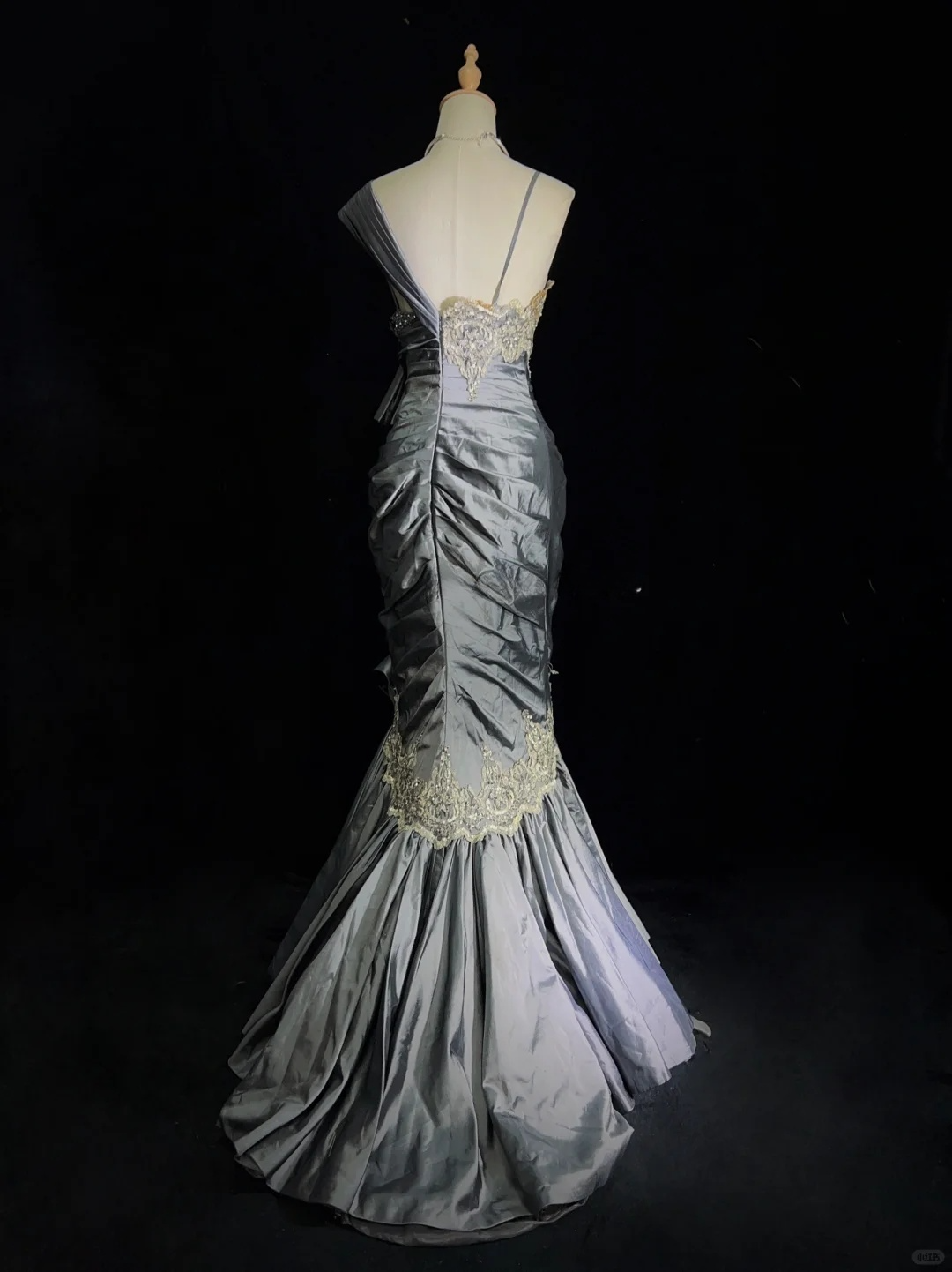 Grey Straps Mermaid Satin Beading Vintage Long Evening Party Dress, DP4887