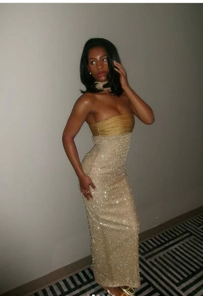 Enchanting Shiny Sequin Strapless Sheath Long Prom Dress Evening Dress DP6332
