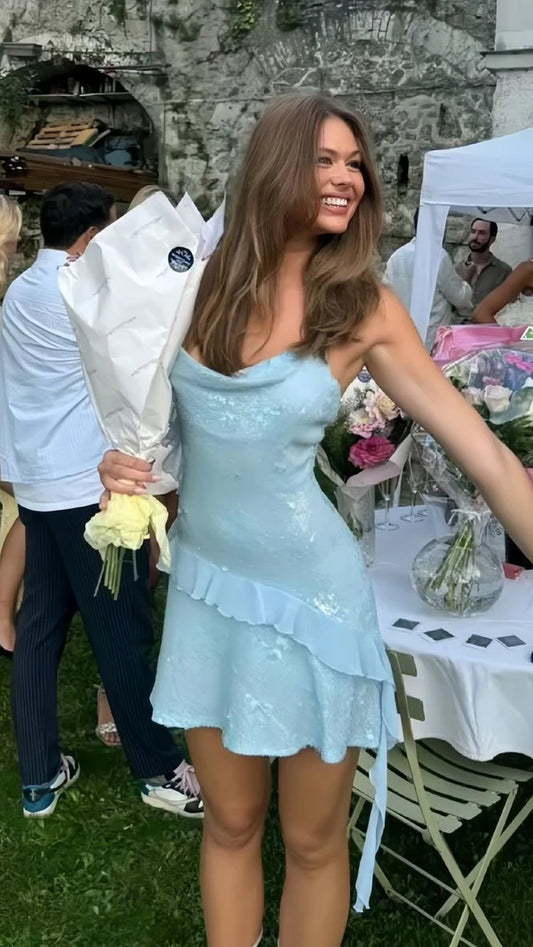 Vintage Light Blue Sequin Cowl Neck Spaghetti Strap Ruffle Ruched Homecoming Dress DP8679