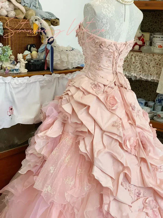 Elegant Pink 3D Flower Sweet 16 Quinceanera A-Line Floor-length Prom Dress Birthday Dress Evening Dress Ball Gown DP6442