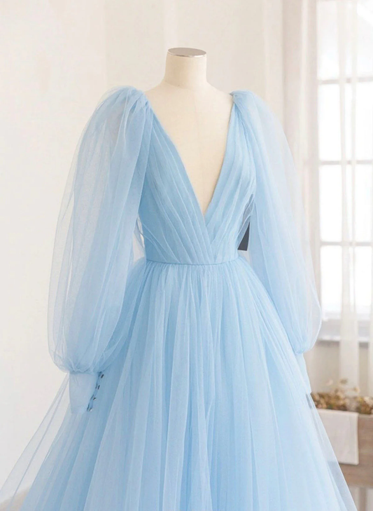 Robe de soirée trapèze bleu clair à manches longues et col en V, DP2823