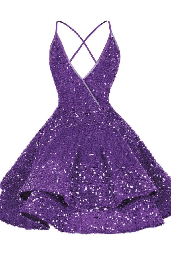 Lila A-Linien-Heimkehrkleid mit V-Ausschnitt und Pailletten, kurzes Partykleid, DP2957