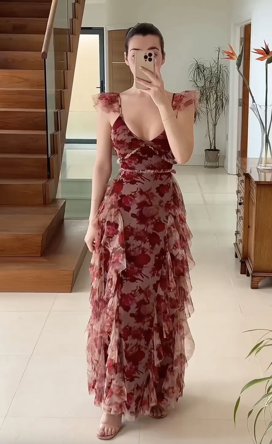 Charming Wine Red Strapless Cascading Ruffle Long Prom Dress, DP2590