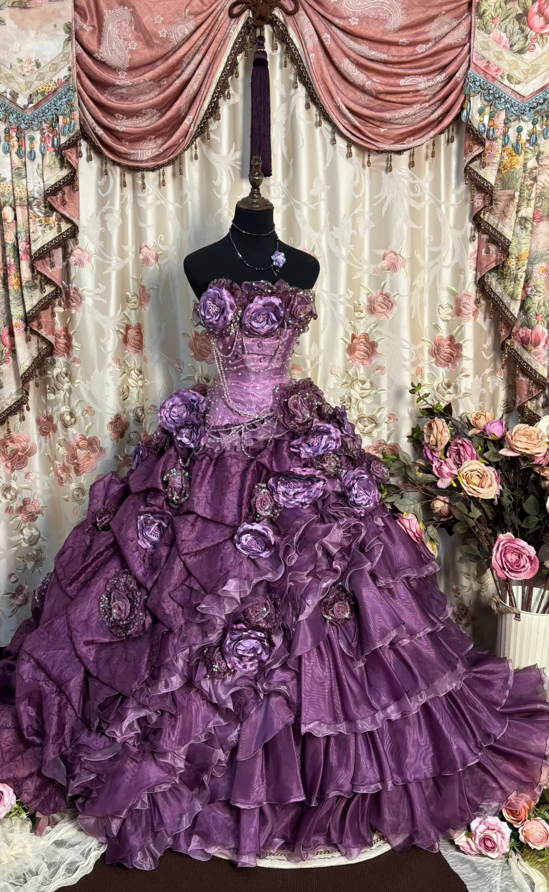 Gorgeous Purple Strapless A-Line Floral Quinceanera Dress Birthday Ball Gown, DP5134