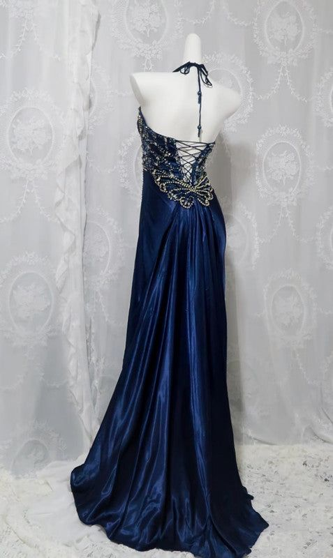 Navy Blue Halter Neck A-Line Satin Beading Long Prom Dress Evening Gown, DP5247