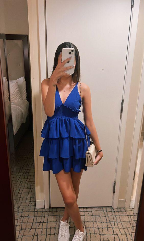 Royal Blue V Neck A Line Short Summer Dress Homecoming Dress DP3311 DSProm