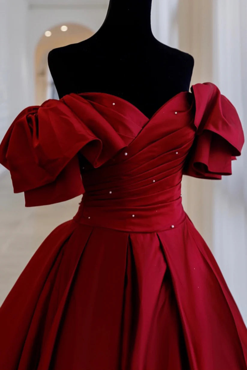 Gorgeous Burgundy V-neck Satin Puffy Sleeves Beading Sweet 16 Quinceanera A-Line Evening Dress Ball Gown DP6320