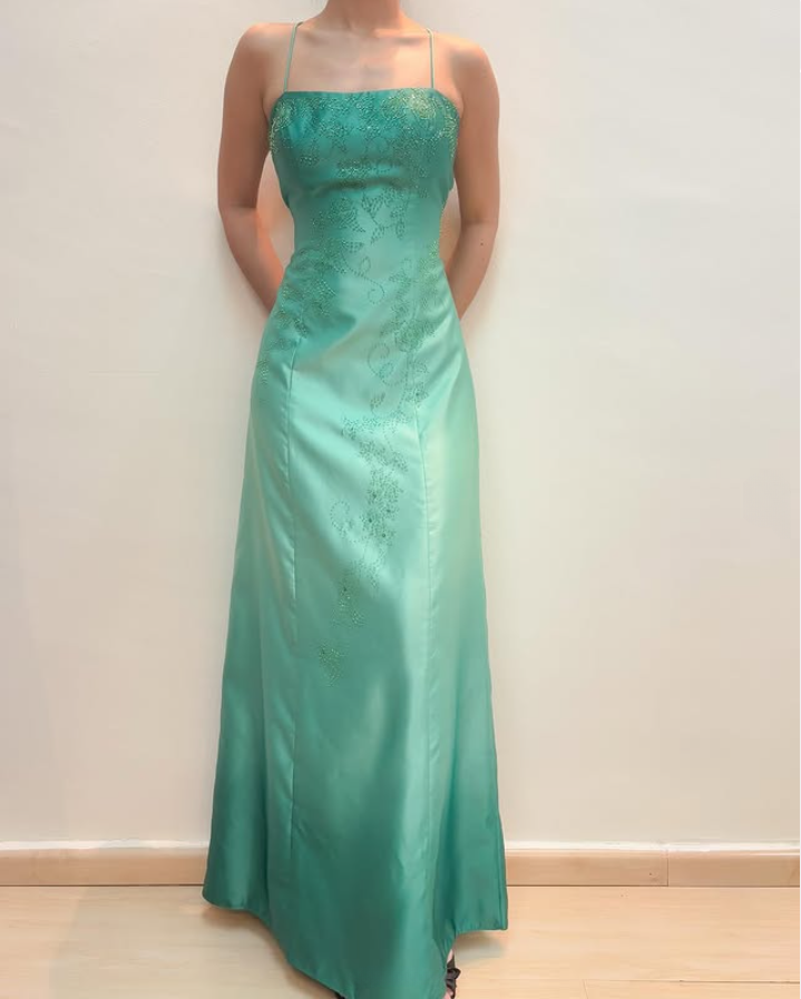 Green Straps Sheath Satin Beaded Vintage Long Prom Dress Evening Party Dress, DP5396
