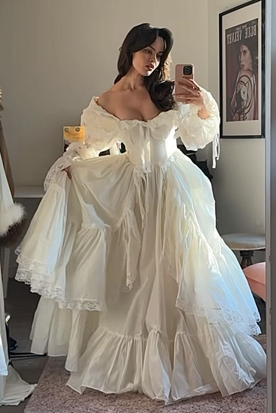 Robe de soirée blanche princesse coupe trapèze à manches longues, tenue d'anniversaire, DP3370