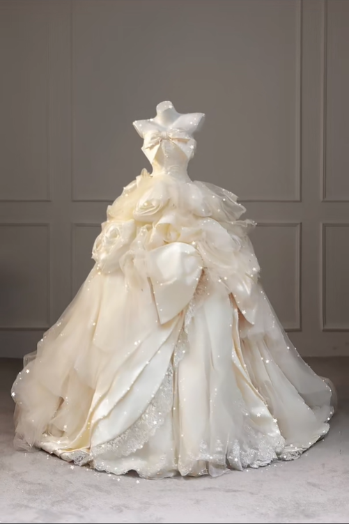 Wunderschönes trägerloses elfenbeinfarbenes A-Linien-Brautkleid aus Tüll, Geburtstagsballkleid, DP5193