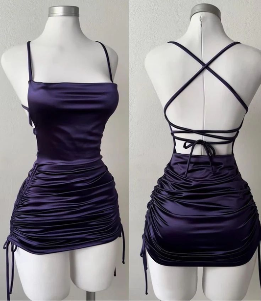 Purple Straps Sheath Satin Backless Short Party Dresses Homecoming Dresses, DP5767