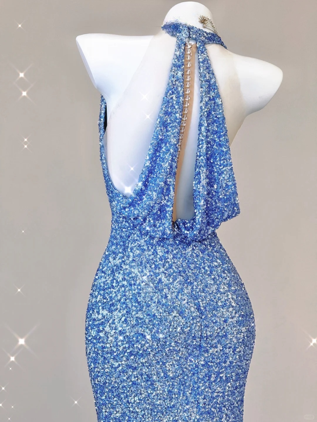 Elegant Blue V-neck Halter Dress Sequins Mermaid Long Prom Dress Evening Dress, DP3790