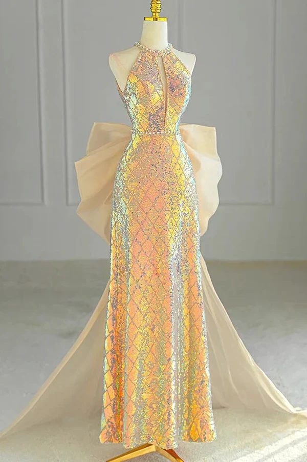 Gorgeous Gold Halter Sequins Glitter Long Prom Dress Evening Gown, DP3211