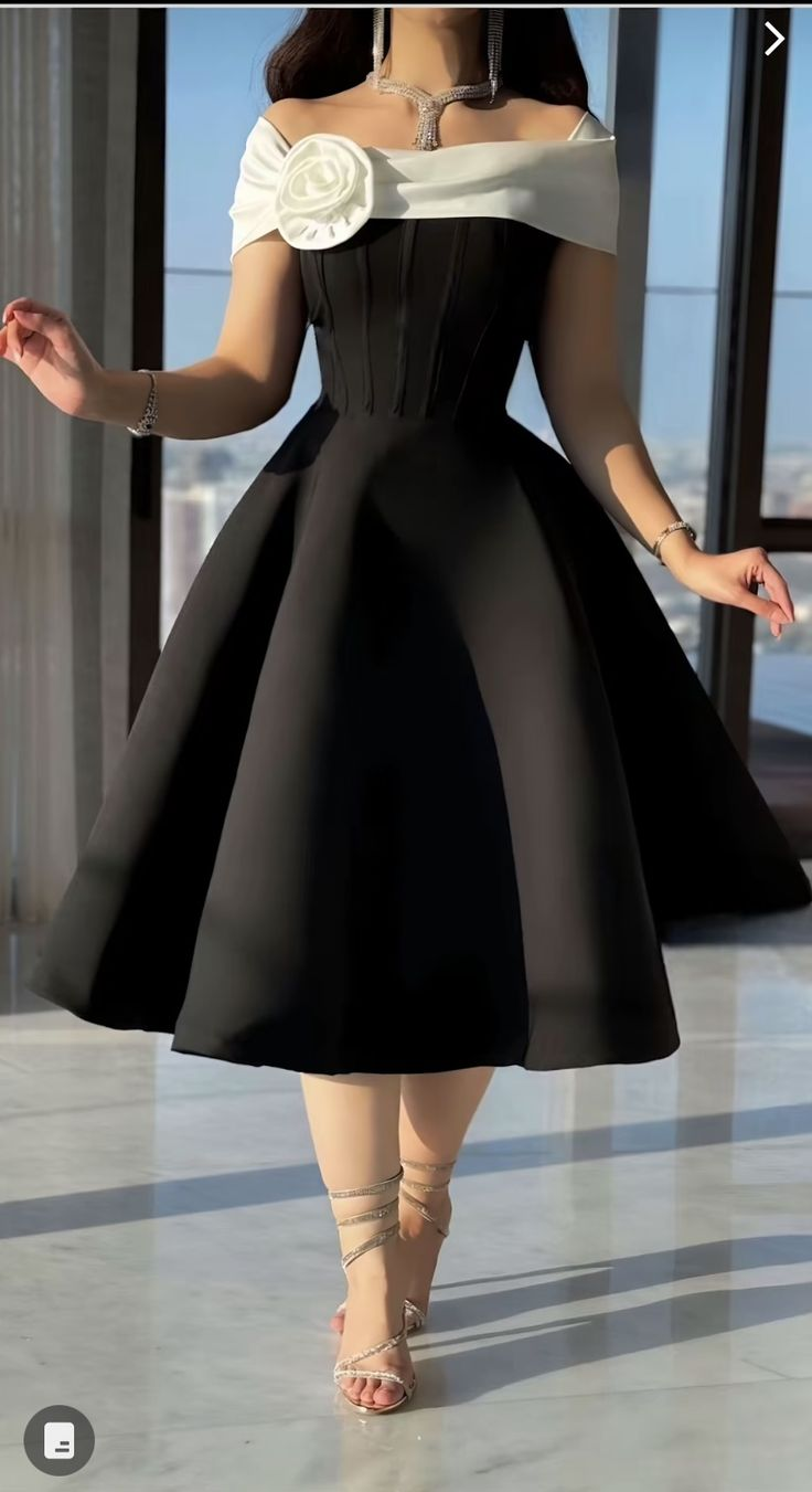 Elegant Black Off Shoulder A-Line Midi Length Formal Party Dress Evening Gown, DP5185