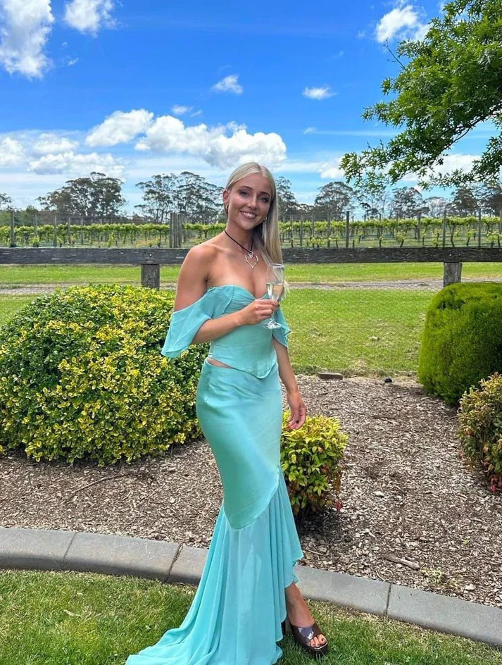 Blaues schulterfreies 2-teiliges Partykleid für Hochzeitsgäste, DP2822