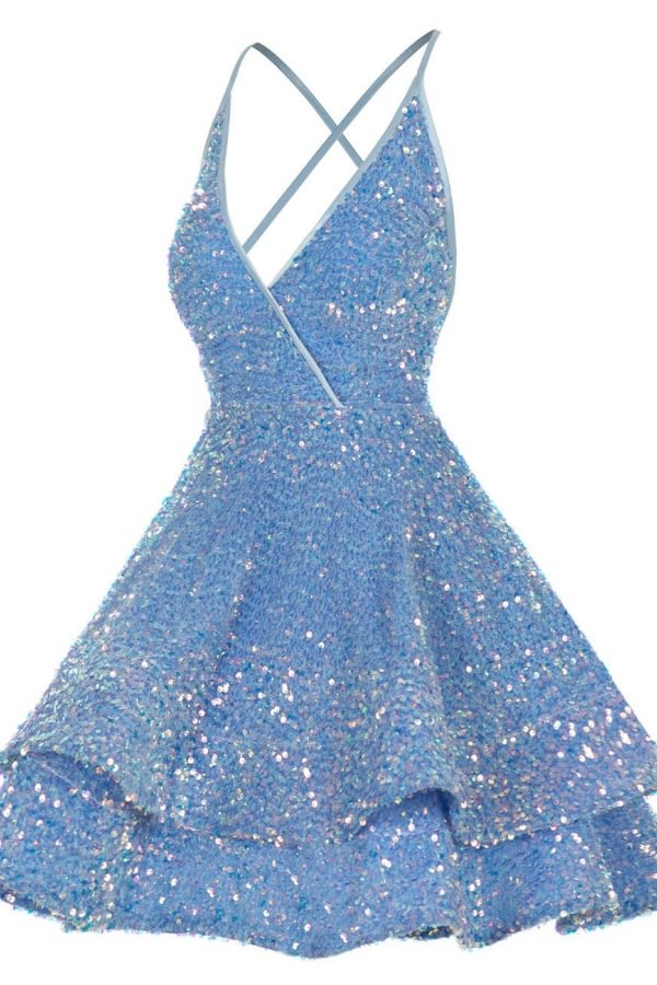 Lila A-Linien-Heimkehrkleid mit V-Ausschnitt und Pailletten, kurzes Partykleid, DP2957