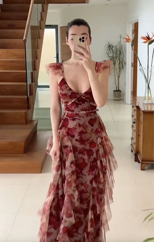 Charming Wine Red Strapless Cascading Ruffle Long Prom Dress, DP2590