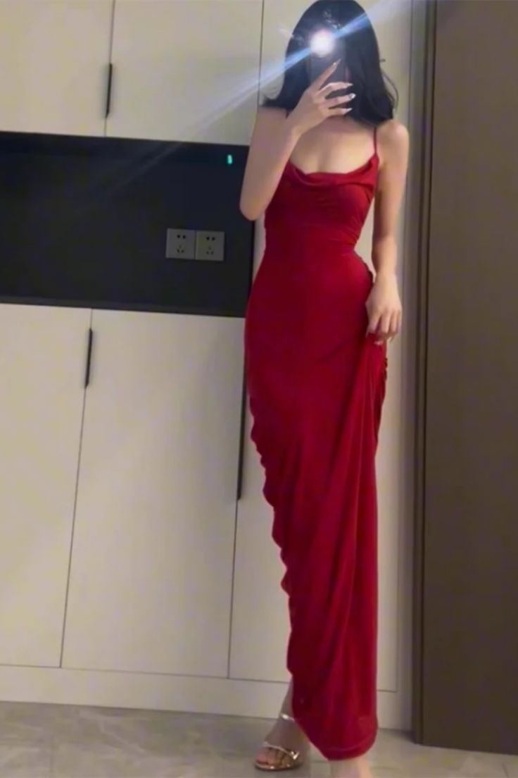 Robe de soirée fourreau longue rouge à bretelles, tenue d'anniversaire, DP3092